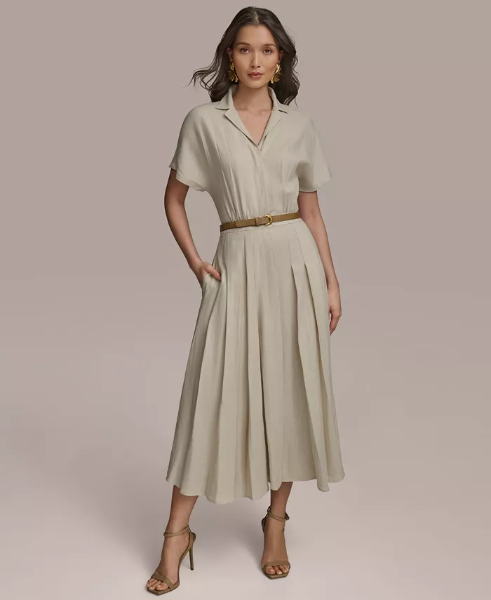 

Женское платье-рубашка с поясом из смесового льна Donna Karan New York, коричневый/бежевый