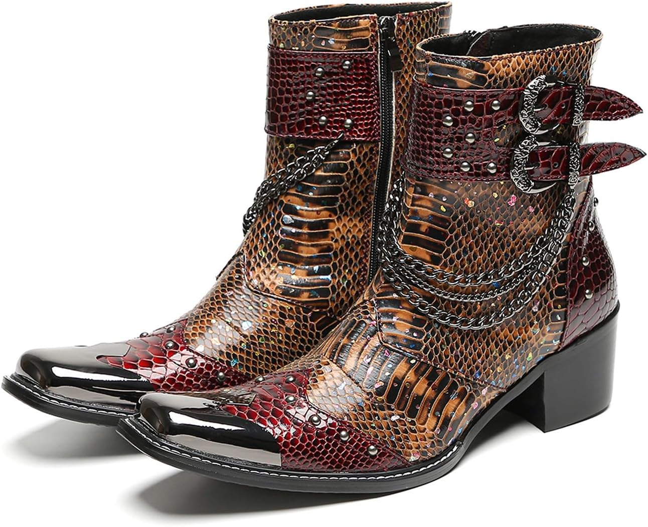 

Мужские повседневные ботинки Santimon на щиколотку в западном стиле- настоящая кожаная ковбойская обувь с цепочками, заклепками и пряжками, боковой молнией, металлическим носком (острым/квадратным) для вечеринки, сцены и дискотеки, бордовый/кори...