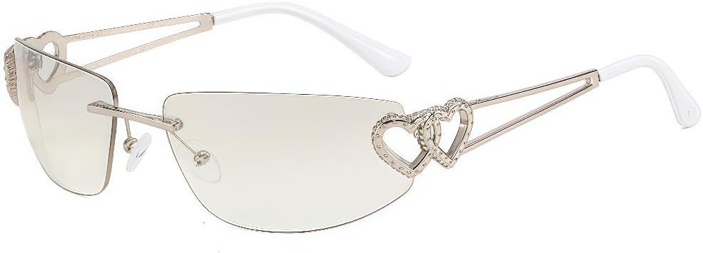 

Женские безободковые солнцезащитные очки с оправой в форме сердца и декоративными элементами, роскошные дизайнерские солнцезащитные очки без оправы прямоугольной формы, очки в стиле Y2K ICARA, Silver - Clear