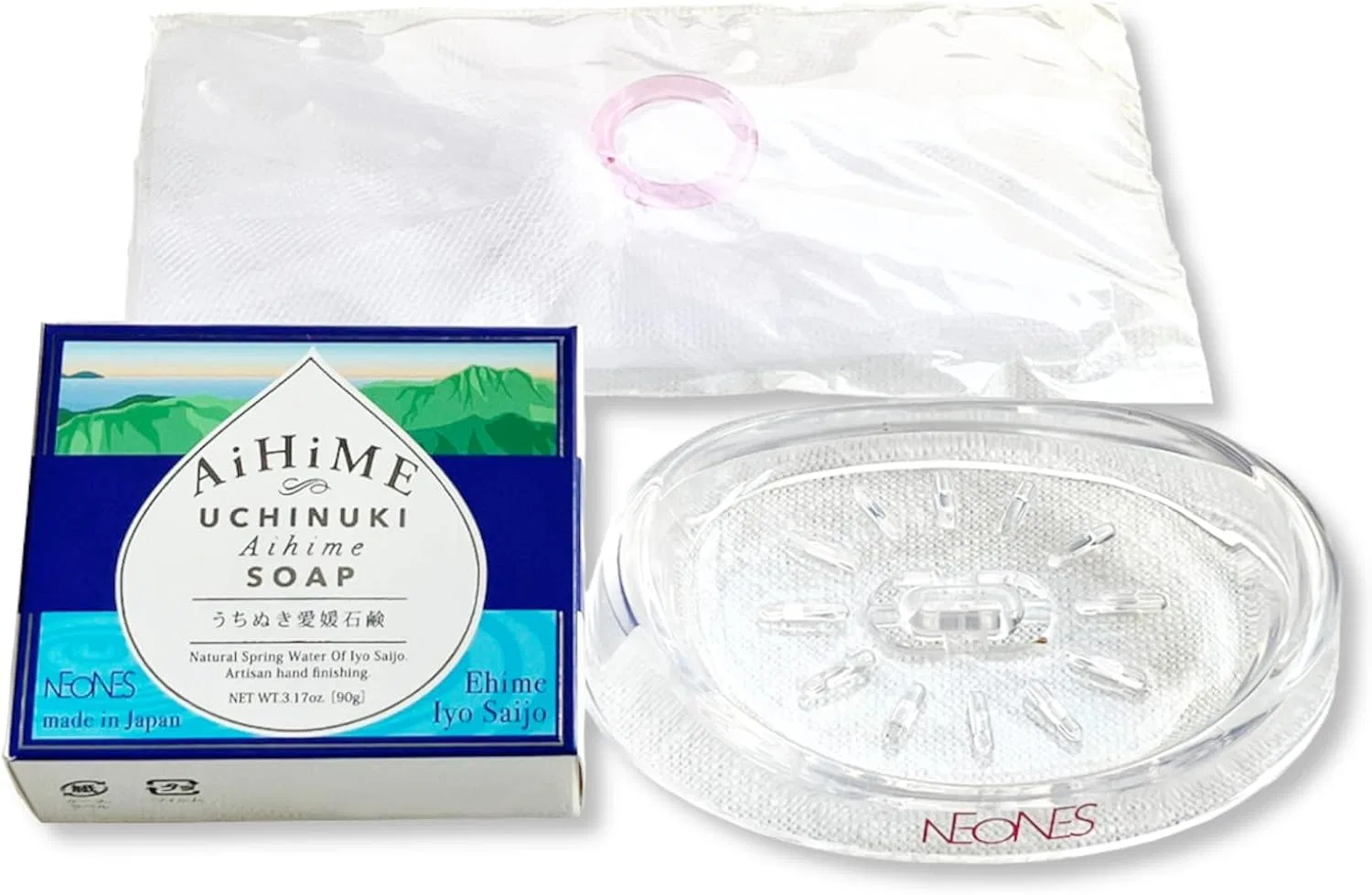 Набор для ухода за кожей: мыло NEONES Additive-Free Uchinuki Ehime, 90 г, с подставкой и сеткой для пены