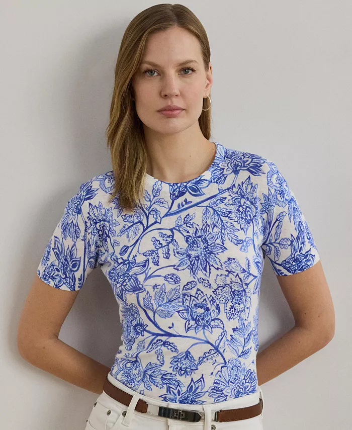 

Женский короткий свитер с цветочным принтом из льна и хлопка Lauren Ralph Lauren, мультиколор