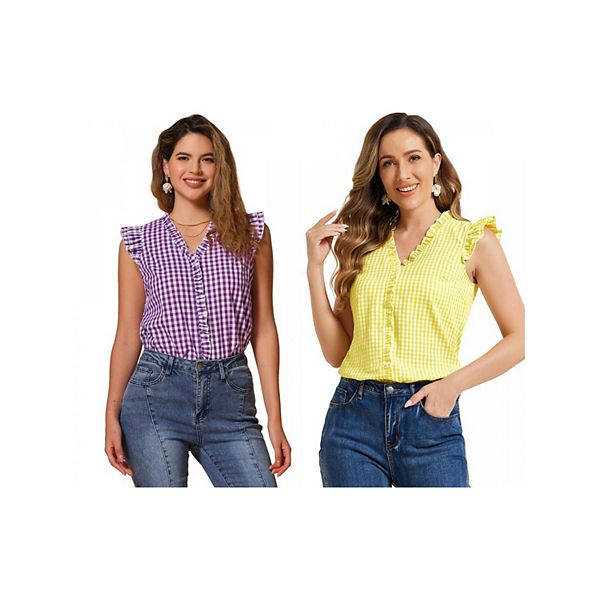 

2 упаковки блузки с рюшами для женщин v-образным вырезом и коротким рукавом в клетку Inspire Chic, Purple Yellow