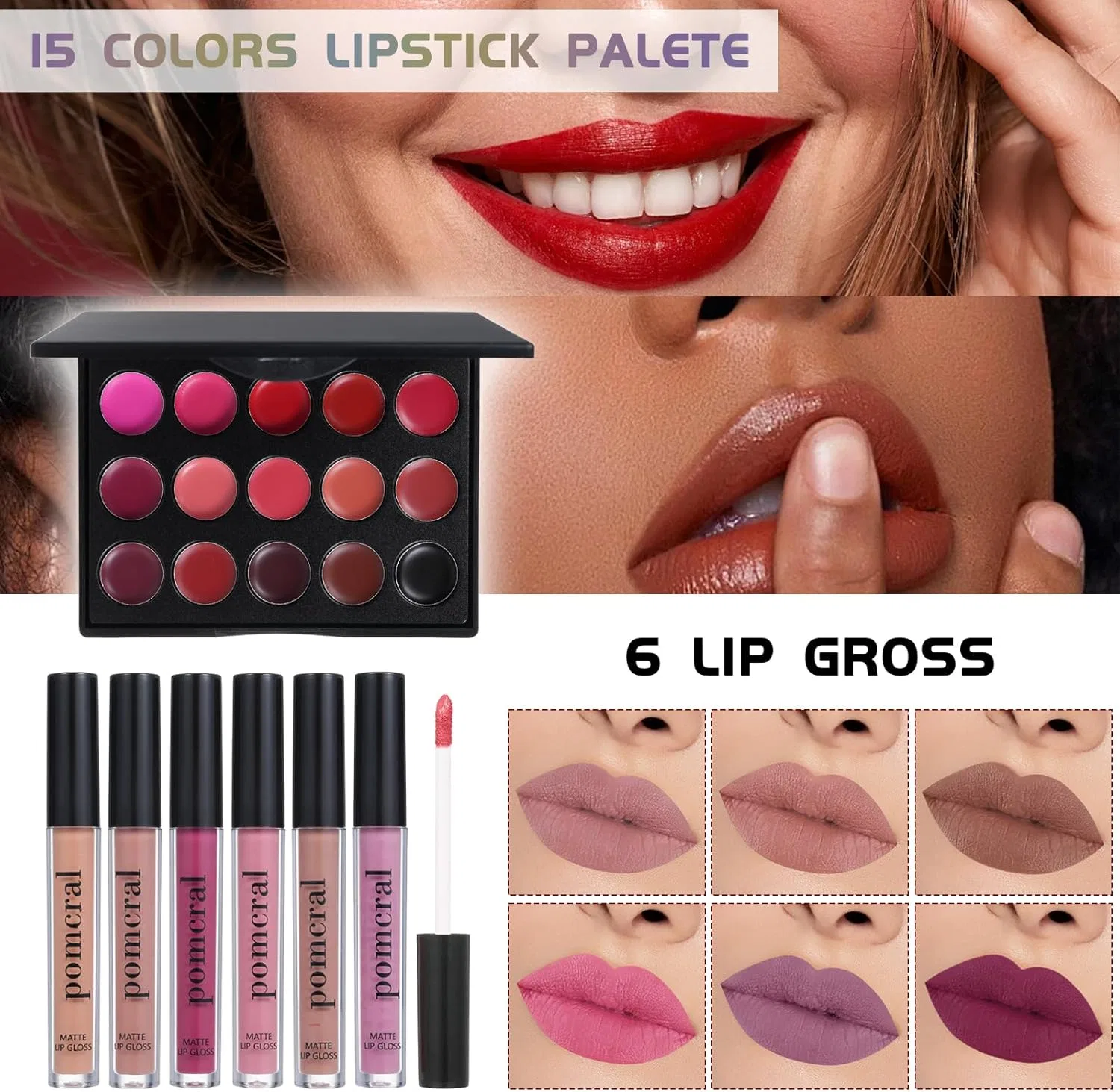 Набор косметики All In One Makeup Kit pomcral 15 цветов теней 15 цветов помады 6 блесков для губ — фото 4
