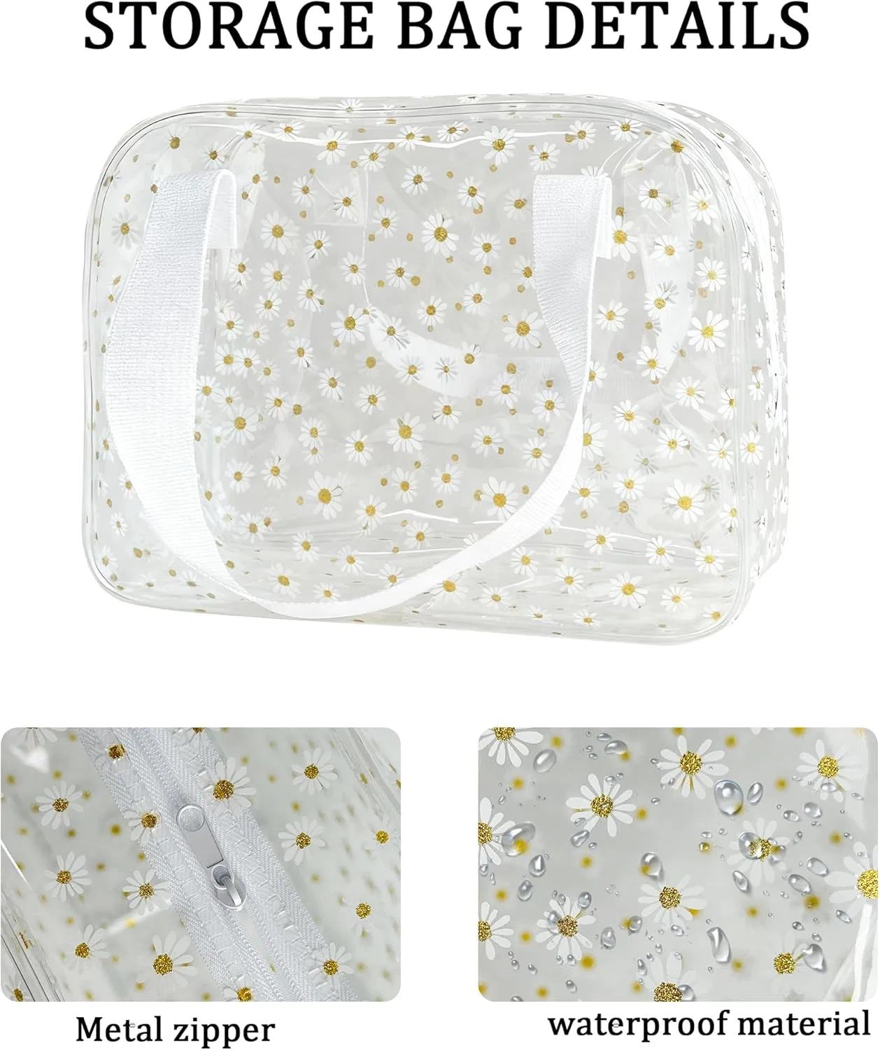 Большая прозрачная косметичка из ПВХ с узором ромашек Toteprint, White (White 1) — фото 3