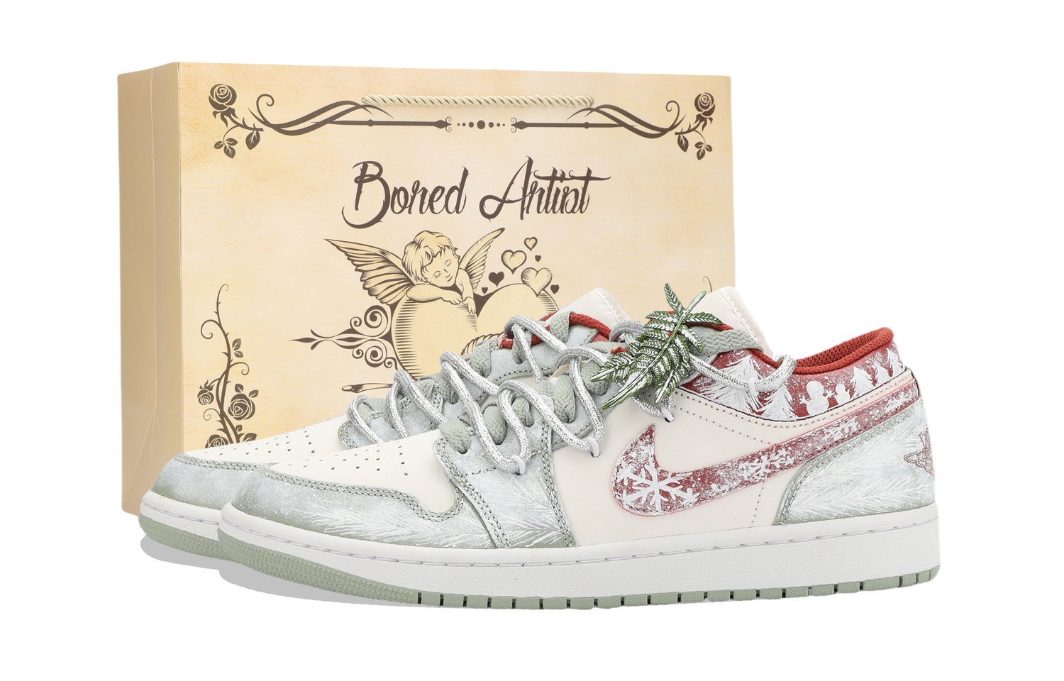 

Jordan Кроссовки Air 1 Jiangjin Moon Box с амортизацией, износостойкие, низкие, винтажные, баскетбольные, унисекс, белый с зелеными вставками