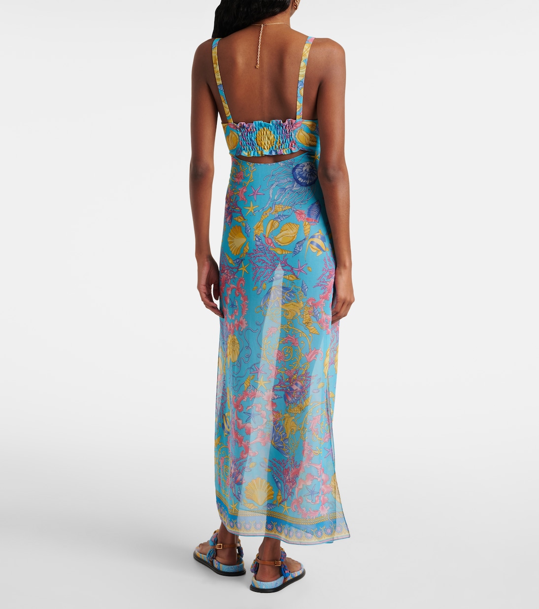 Полупрозрачное макси-платье с ажурной вышивкой Versace, Azur+Multicolor — фото 3