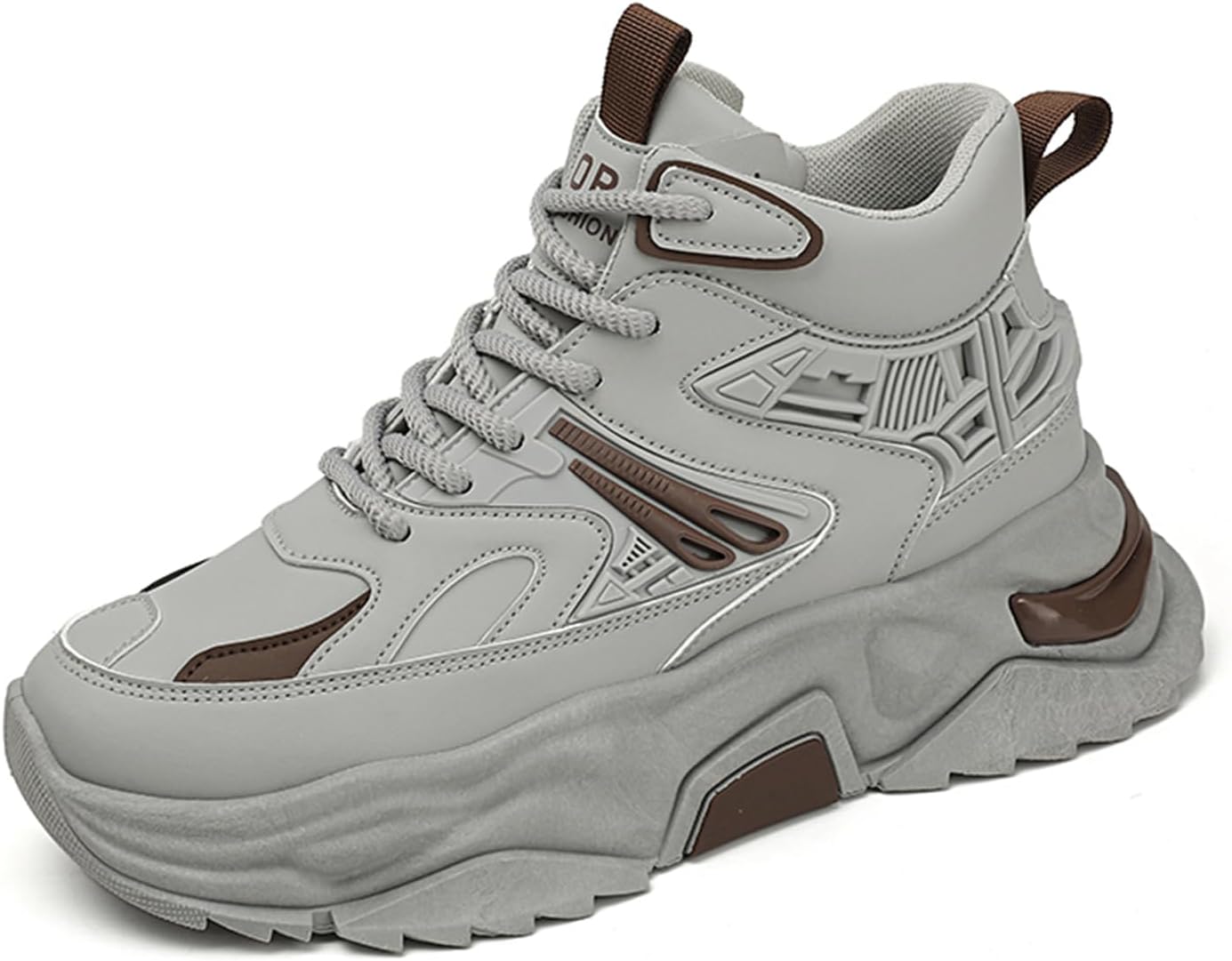 

Мужские модные кожаные высокие кроссовки на шнуровке, закрытие, круглый носок, массивная подошва, повседневные спортивные обувь, дышащая подкладка, ретро стиль, удобные, для ежедневной ходьбы и прогулок по улице Tengfeifly, серый