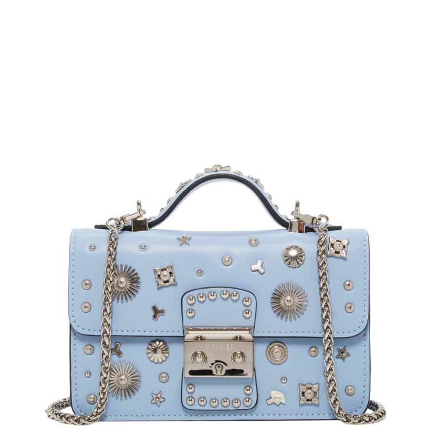 

Маленькая кожаная сумка через плечо, украшенная заклепками, с верхней ручкой, структурированная сумка SUSU, Light blue/powder blue