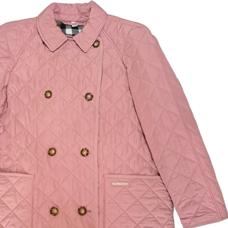 Пуховик Burberry женский стеганый утепленный с розовым лацканом, розовый — фото 3