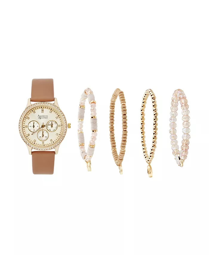 

Женские аналоговые часы 38 мм с ремешком из бежевой полиуретановой кожи и набором браслетов для стекинга в подарок American Exchange