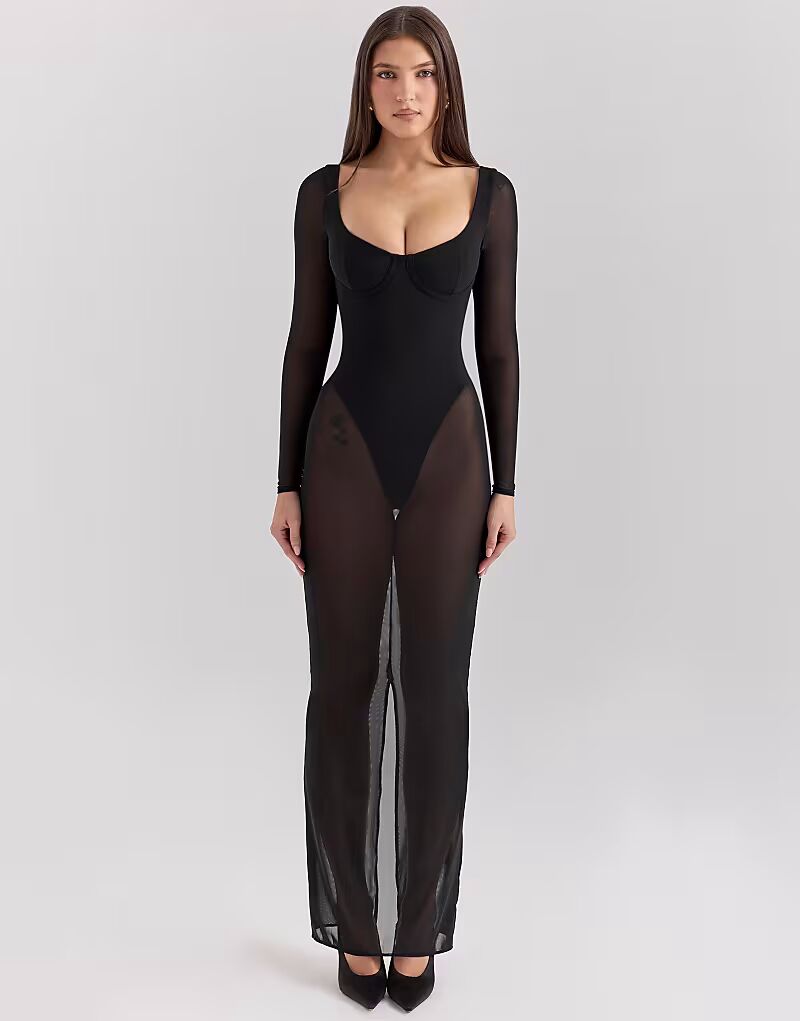 

Платье-макси из сетки House of CB Everly с боди черного цвета