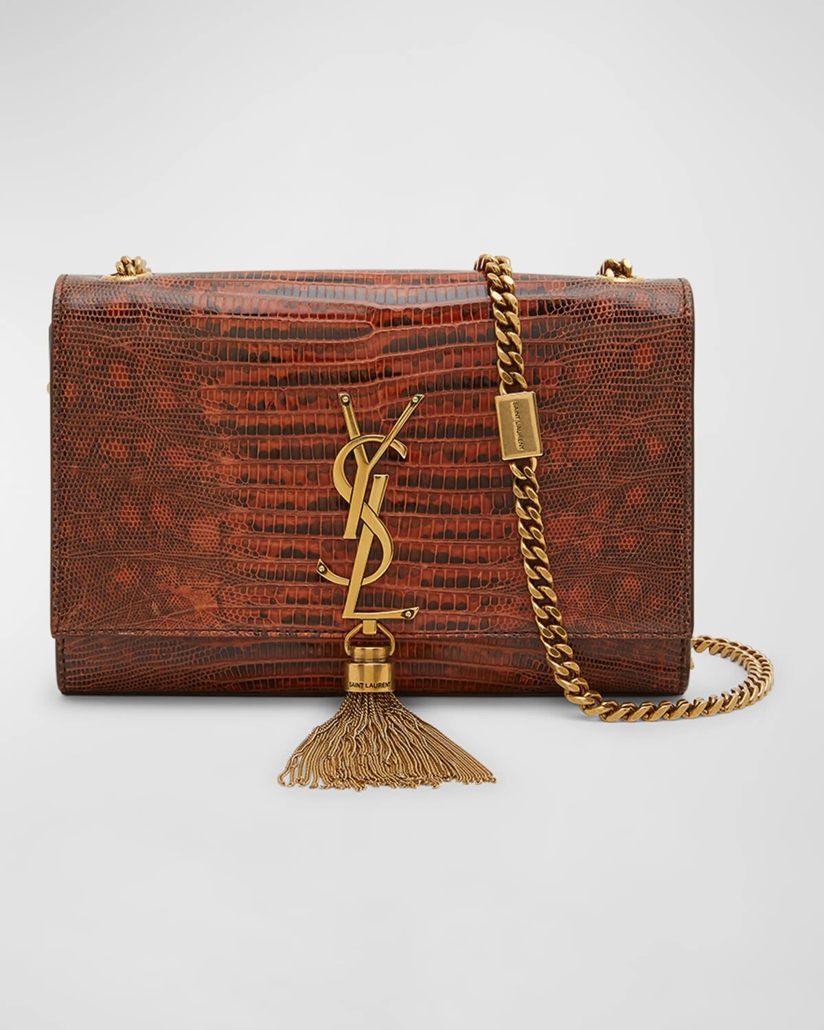 

Маленький кошелек Kate YSL с кисточкой на цепочке из кожи с тиснением под ящерицу Saint Laurent, цвет Dark Brown