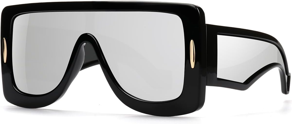 

Модные солнцезащитные очки-маска с анаграммой для женщин и мужчин, большие, с плоской верхней частью, модные солнцезащитные очки-щитки с защитой от УФ-излучения GFUIARA, Black/Silver