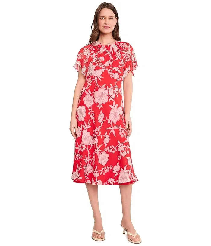 Платье миди с цветочным принтом Floral Chiffon Flutter Sleeve Midi Calvin Klein, Ginger Multi