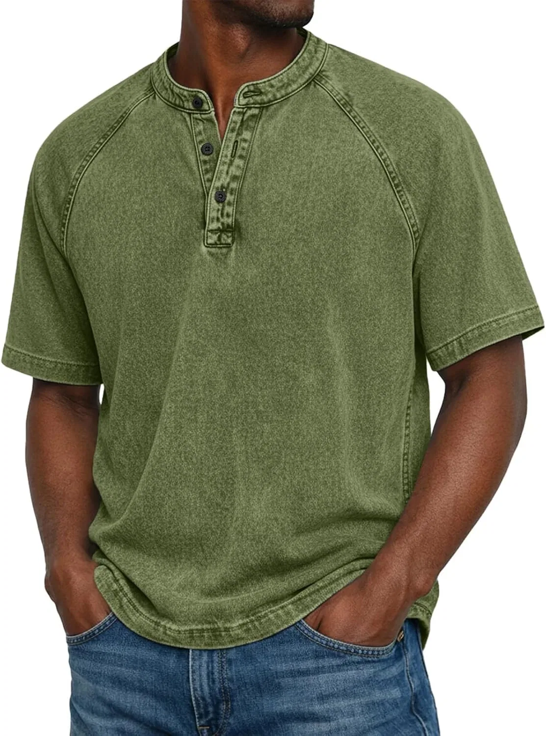Футболка с V-образным вырезом и пуговицами, винтажная, Oversized, Generic, B07 Green