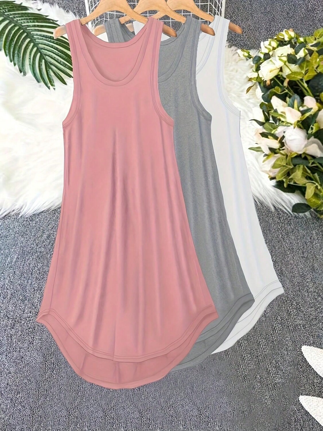 

3 шт/Компл простой базовый комплект с юбкой для женщин больших размеров, ночная рубашка без рукавов, круглый вырез, однотонный, на весну, лето, осень, мультиколор