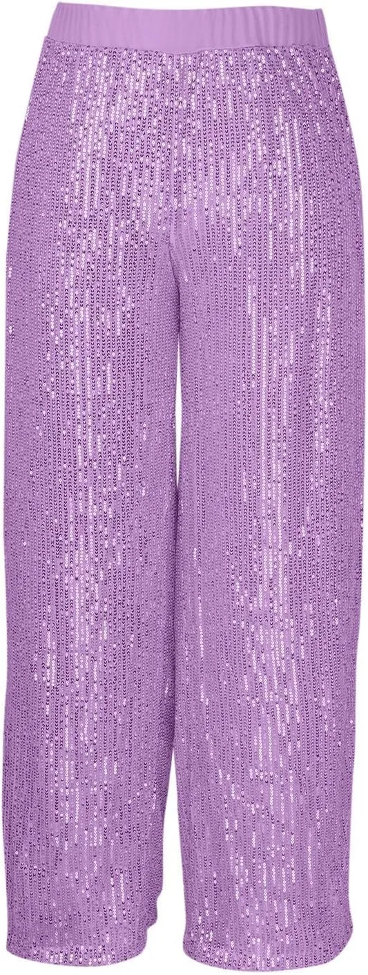 Брюки с пайетками Women Sparkle Shiny Stretchy High Waist Wide Leg Pant Casual Loose Glitter Trousers Bling Disco Party Generic, фиолетовый — фото 3
