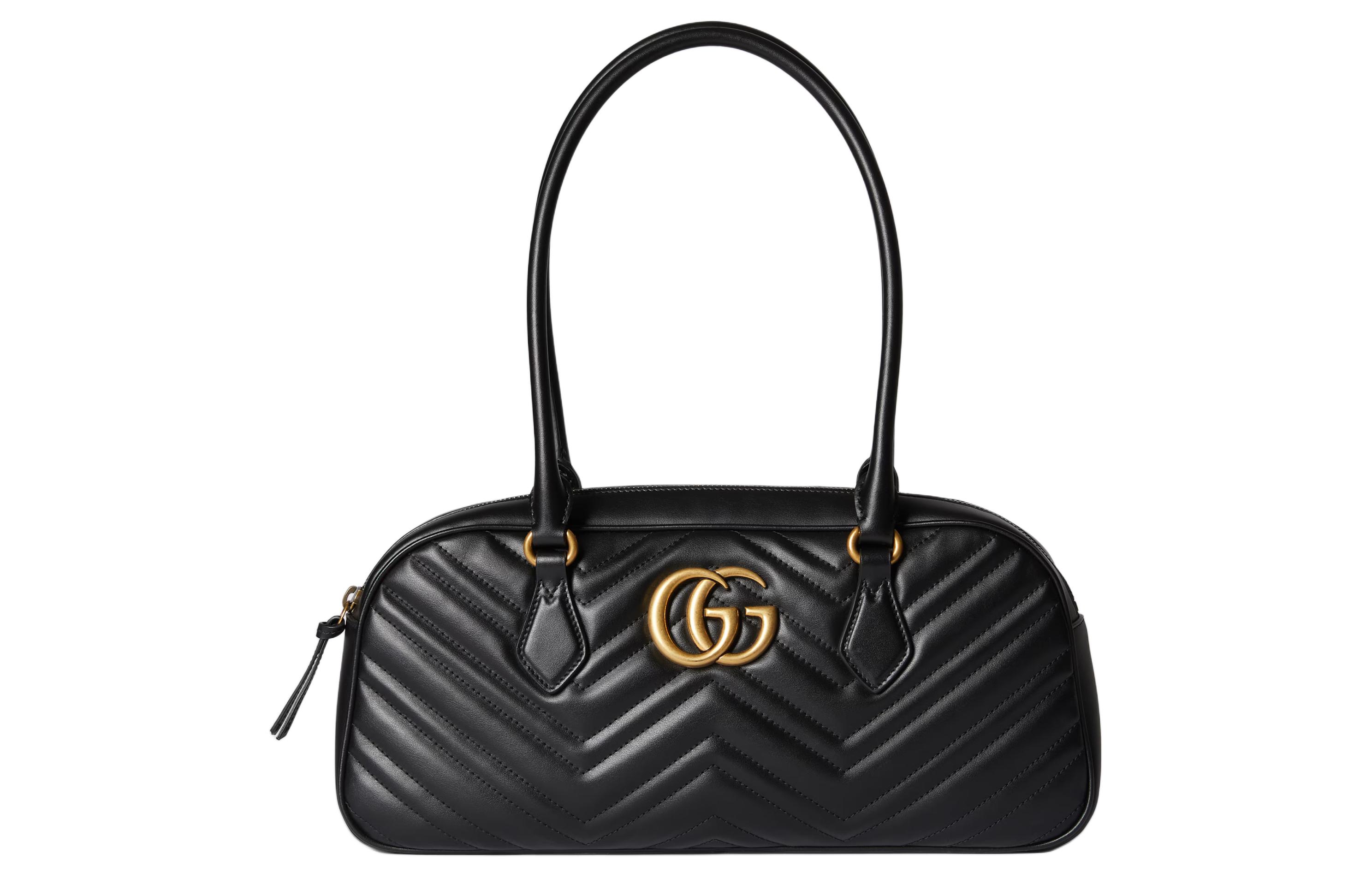 

GUCCI Сумка GG Marmont среднего размера на одно плечо из кожи ёлочка женская черная
