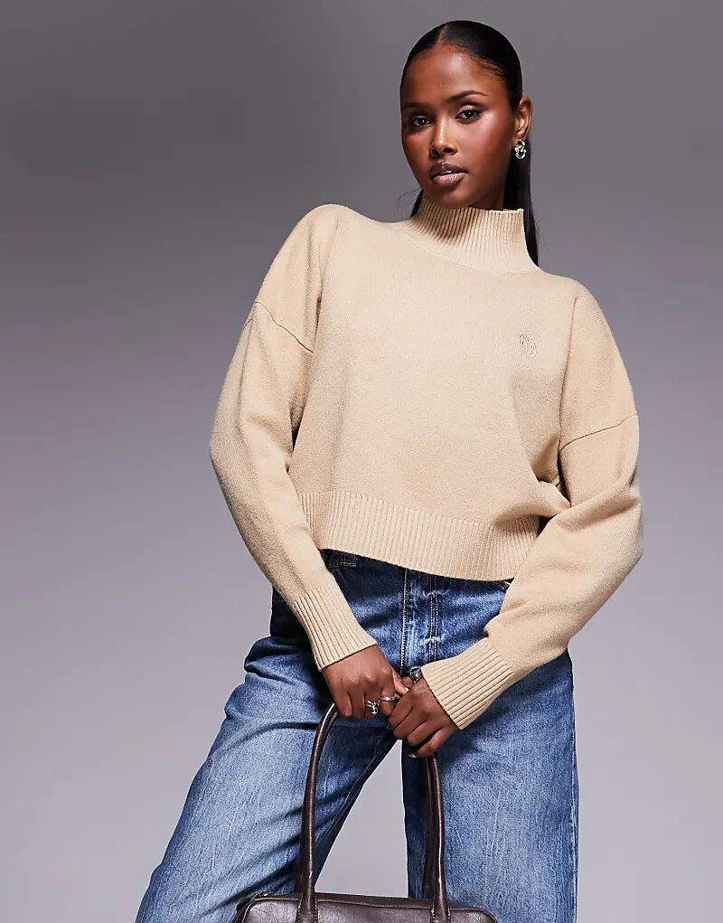 

HUGO BLUE Sesty, свободный трикотажный джемпер с высоким воротом и однотонным логотипом бежевого цвета