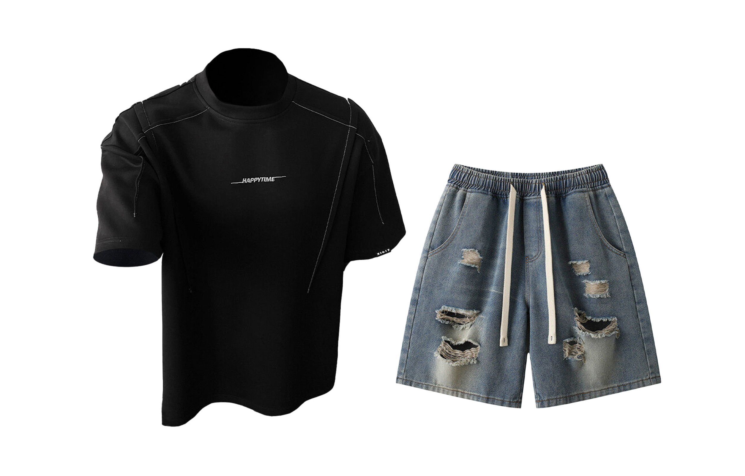 

Повседневный спортивный свитер с круглой горловиной Unisex Moderate X1617, черный short-sleeved shirt+синий ripped denim shorts