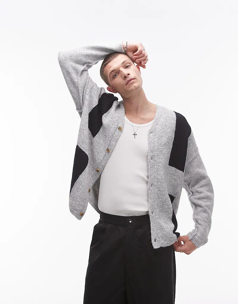 

Кардиган в стиле колор-блок серого цвета Topman