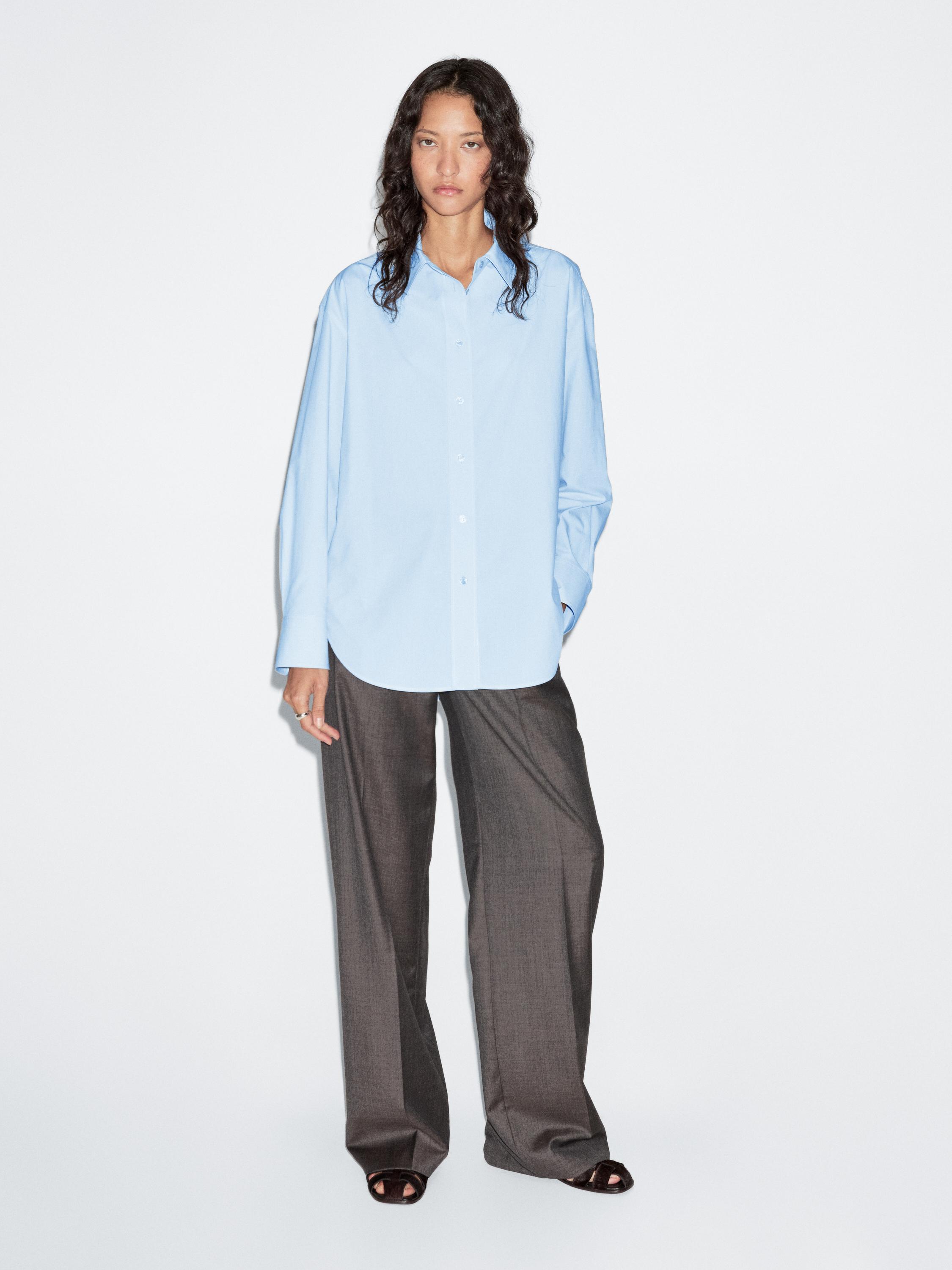 

Длинная рубашка из 100% хлопкового поплина Massimo Dutti, светло-голубой