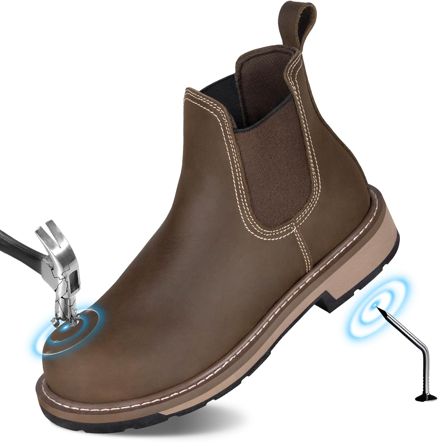 

Мужские ботинки без шнурков, стальная носовая защита, проколостойкие с межподошвой из ЭВА, из цельной кожи, противоскользящие, сапоги Челси для безопасности, удобные и идеальные для промышленного строительства (размеры 7-14) Hunthor, темно-корич...