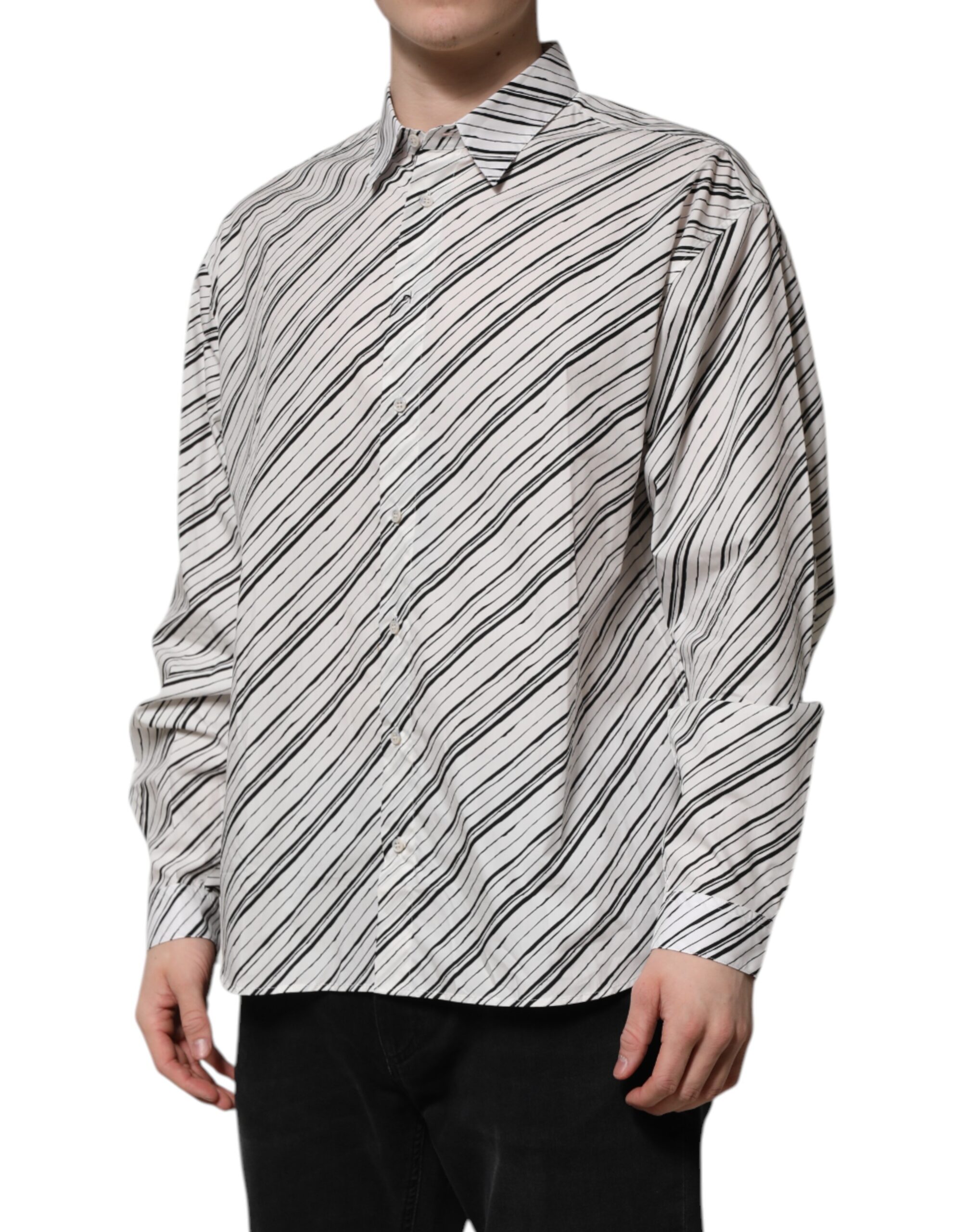Белая полосатая мужская рубашка с длинными рукавами Dolce & Gabbana, Black/White — фото 2