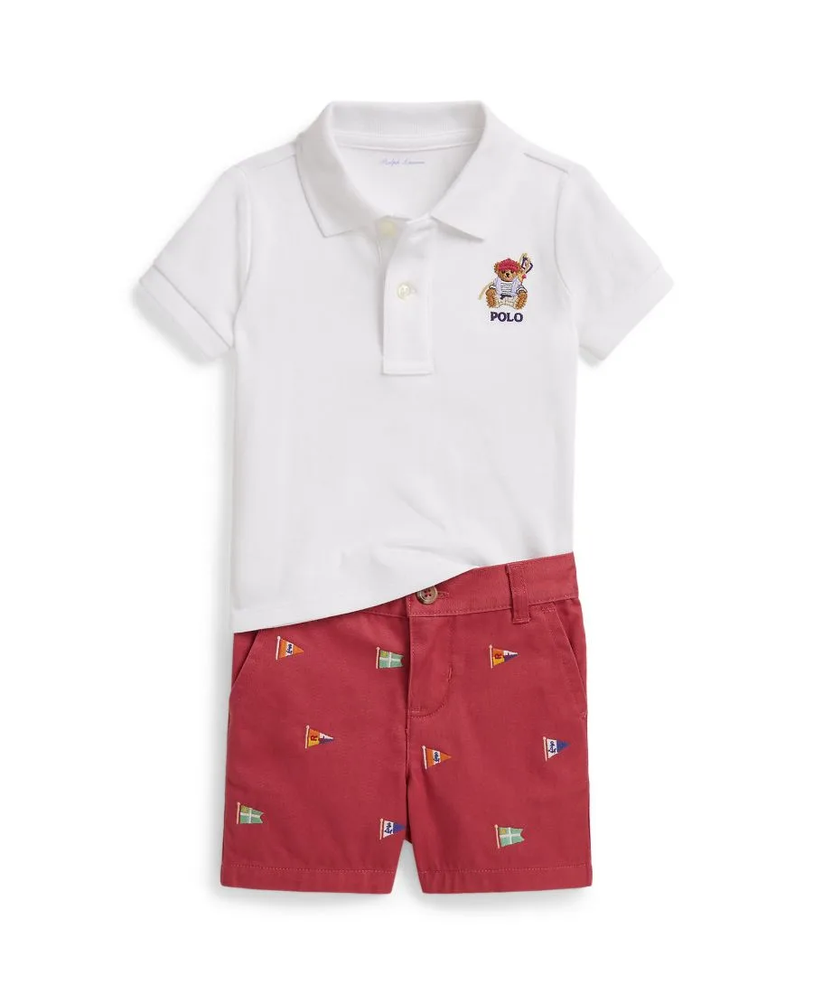 Детский комплект для мальчика: поло с принтом медведя и шорты Polo Ralph Lauren, белый, красный