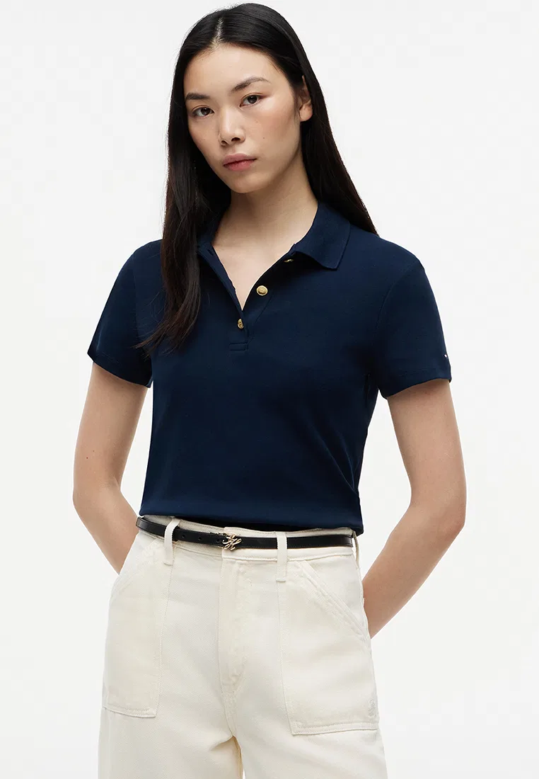 Поло женское, Slim Fit, на пуговицах, TH Mainline Tommy Hilfiger, темно-синий