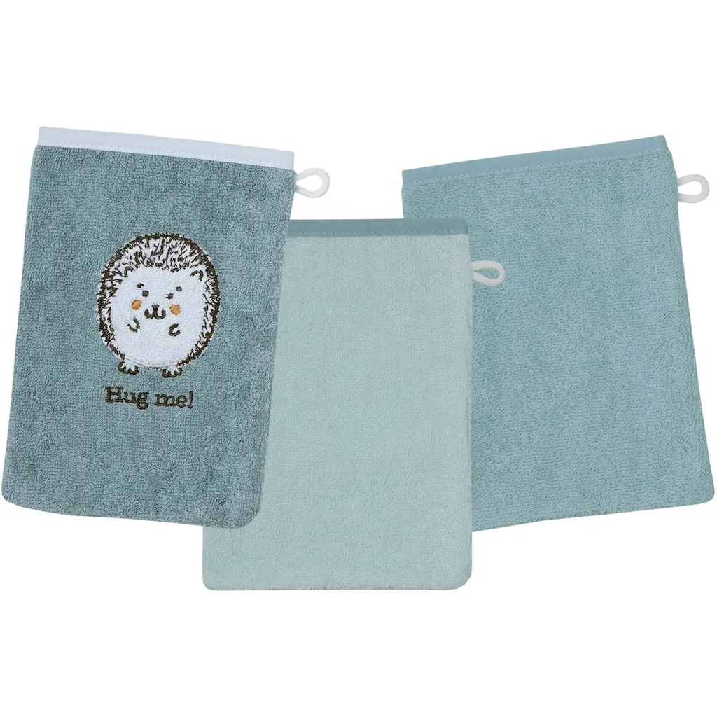 

Мочалка Ежик синие, набор из 3-х штук: 1 шт. с милой вышивкой ежика, 2 шт. однотонные Wörner, Blau,mint,eisblau