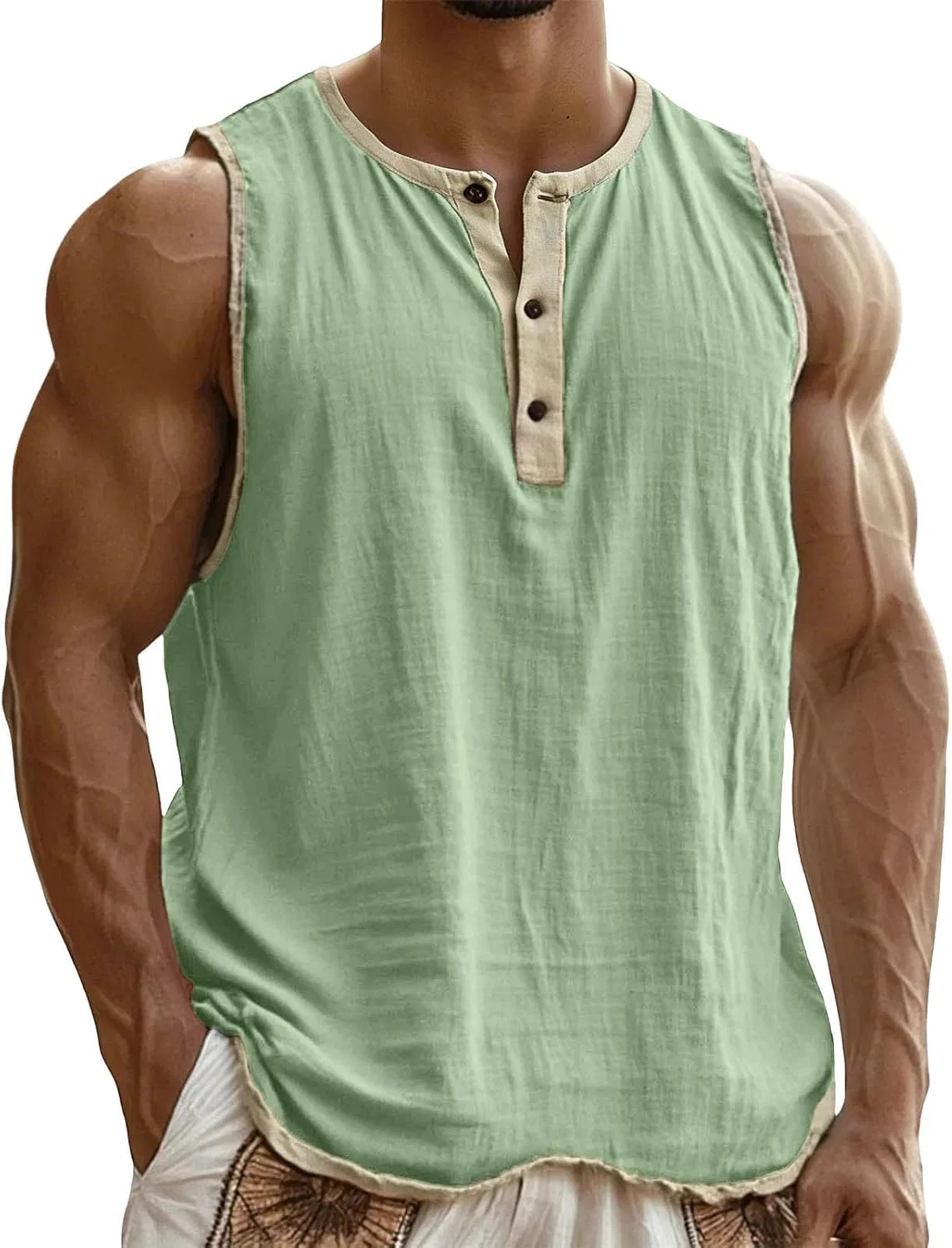 Мужской топ без рукавов из хлопка и льна, Generic, Mint Green