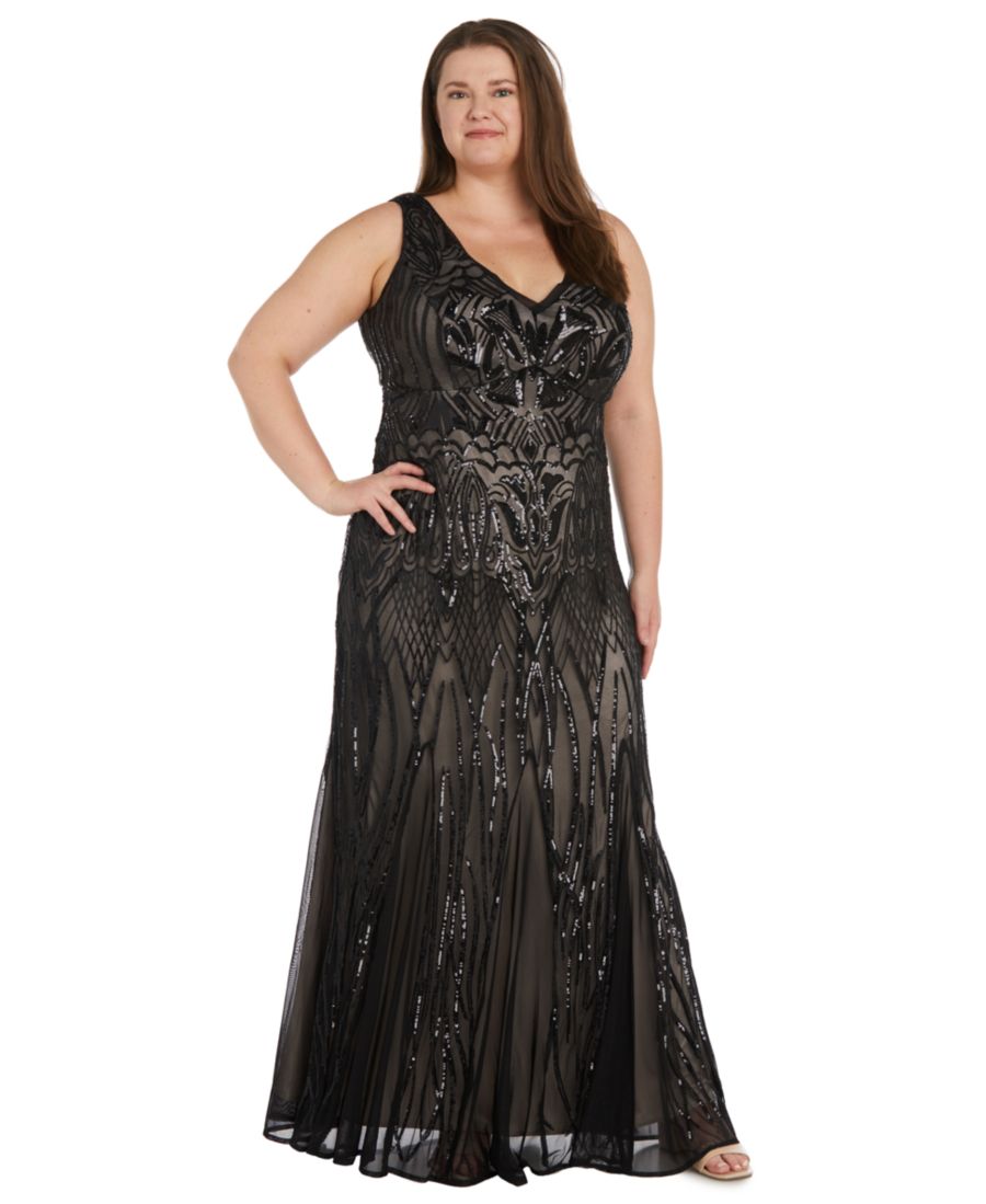 

Платье большого размера с контрастной подкладкой и бисером R & M Richards, Black Nude