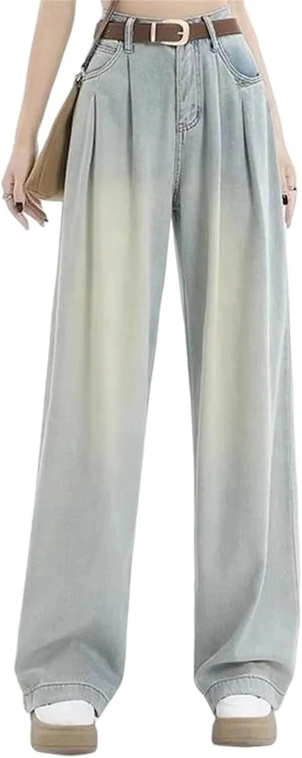 

Женские джинсы с высокой талией и широкими штанинами, свободный крой, полная длина, плиссированные детали, средняя эластичность