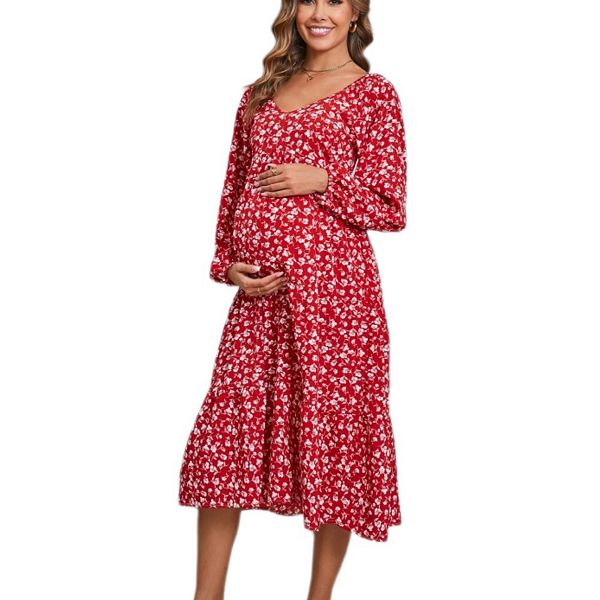 

Женское богемное платье для беременных casual chic с цветочным принтом, v-образным вырезом, длинными рукавами и рюшами по подолу Elitespirit, Red White Flowers