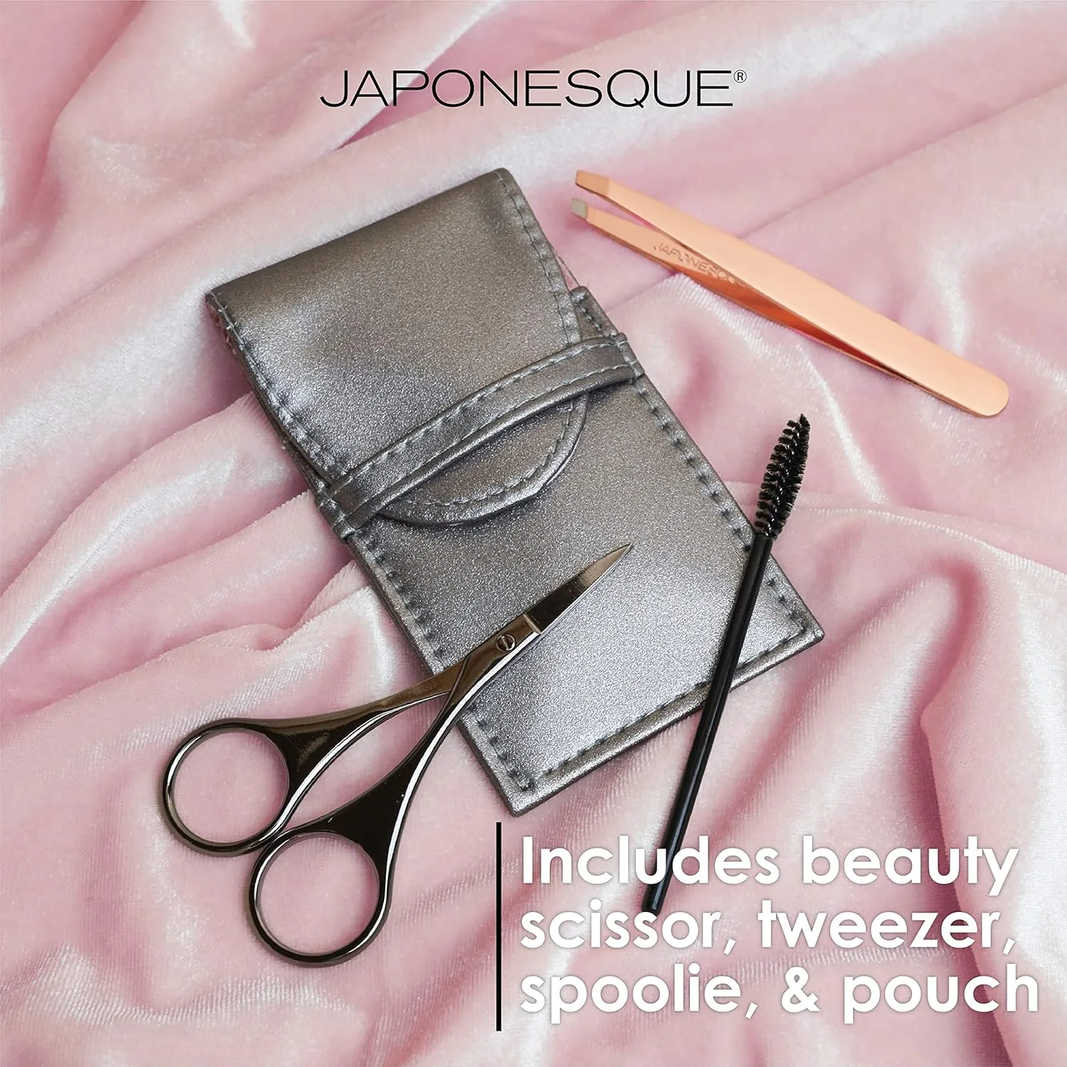 Набор для бровей JAPONESQUE Luxe Brow Kit, пинцет с косым срезом цвета розового золота, косметические ножницы, щеточка для бровей., black / copper — фото 3