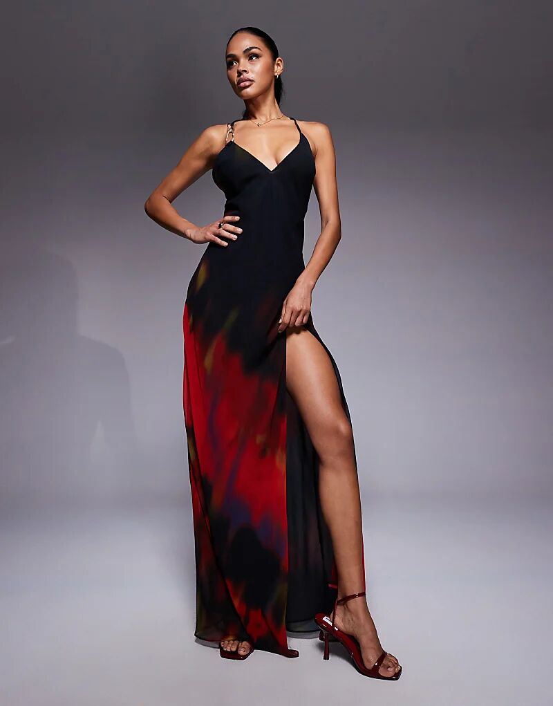 

Платье макси Oh Polly из шифона с разрезом на бедрах и красным размытым принтом