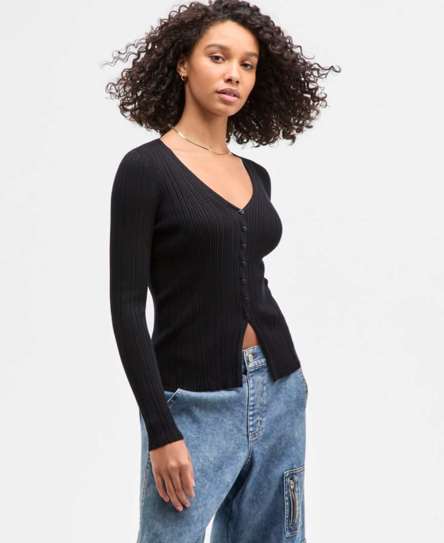 

Детский свитер с V-образным вырезом, ребристой текстурой, тонкой вязки, свободного кроя Ultra Flirt, Black