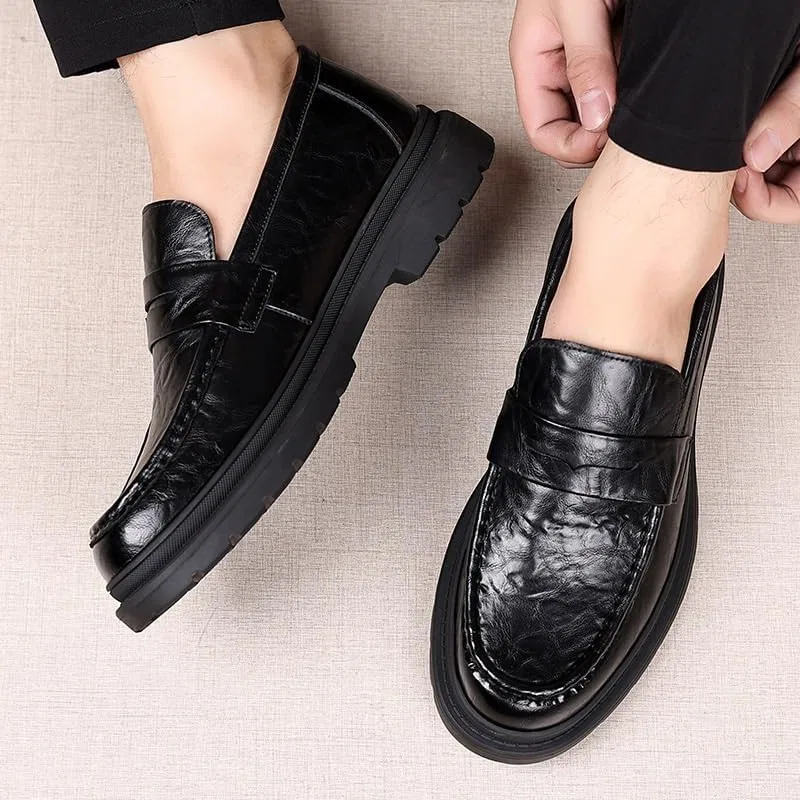Лоферы кожаные с текстурой, Men’s Fall Business Casual Slip-on Shoes Trendy Leather Loafers, Black SDKOLPBNMZX — фото 4
