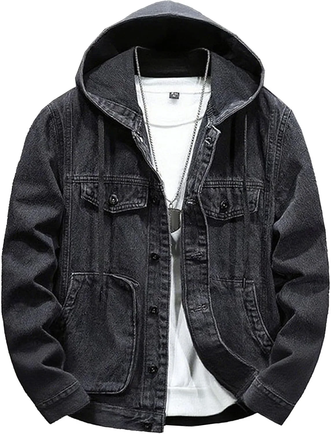 Джинсовая куртка с капюшоном, мужская, casual, slim fit, длинный рукав, потертая, в стиле trucker, для весны Generic, черный