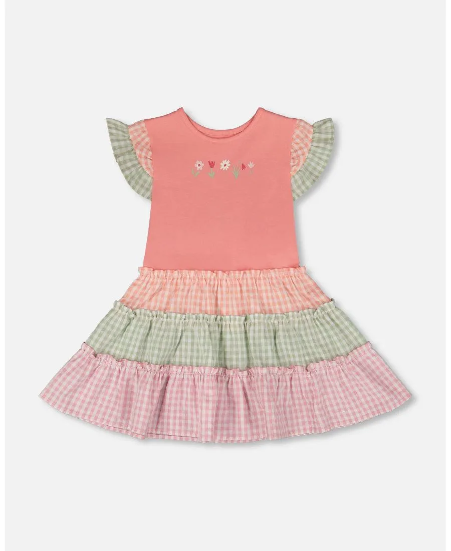 Хлопковое двухслойное платье для девочек-малышек Deux par Deux, Peach & Gingham