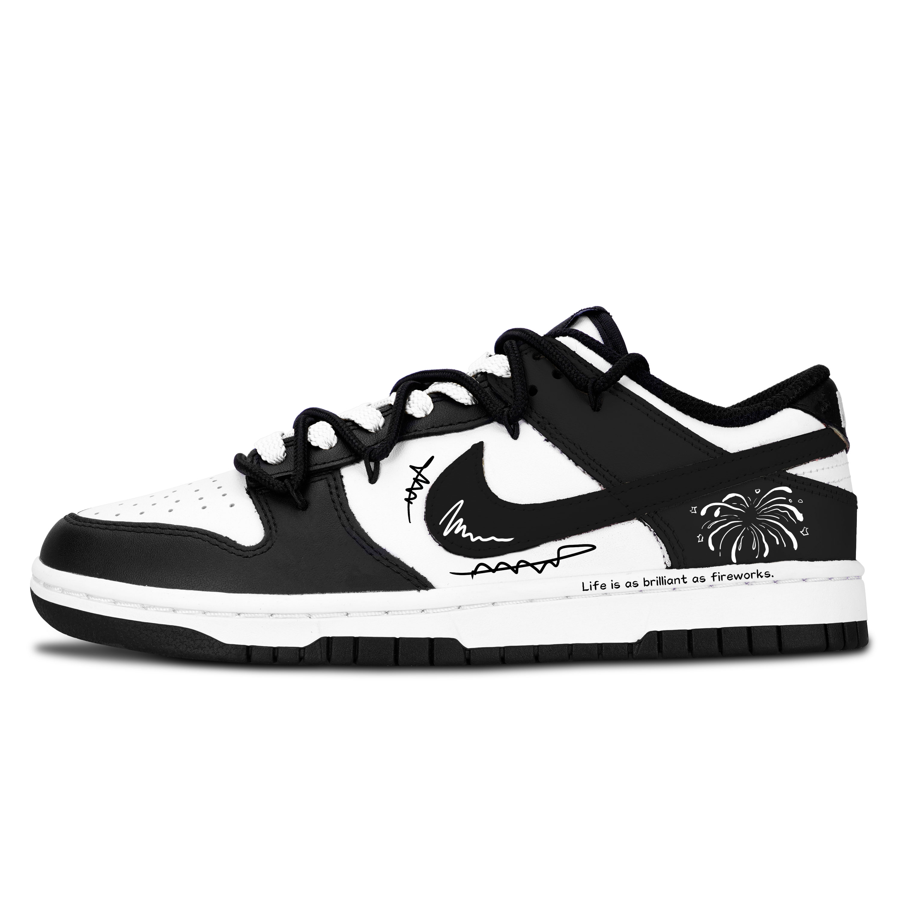 

Nike Dunk Black White, Firework Radiant, нескользящая, устойчивая к истиранию, легкая, с амортизацией, низкий верх