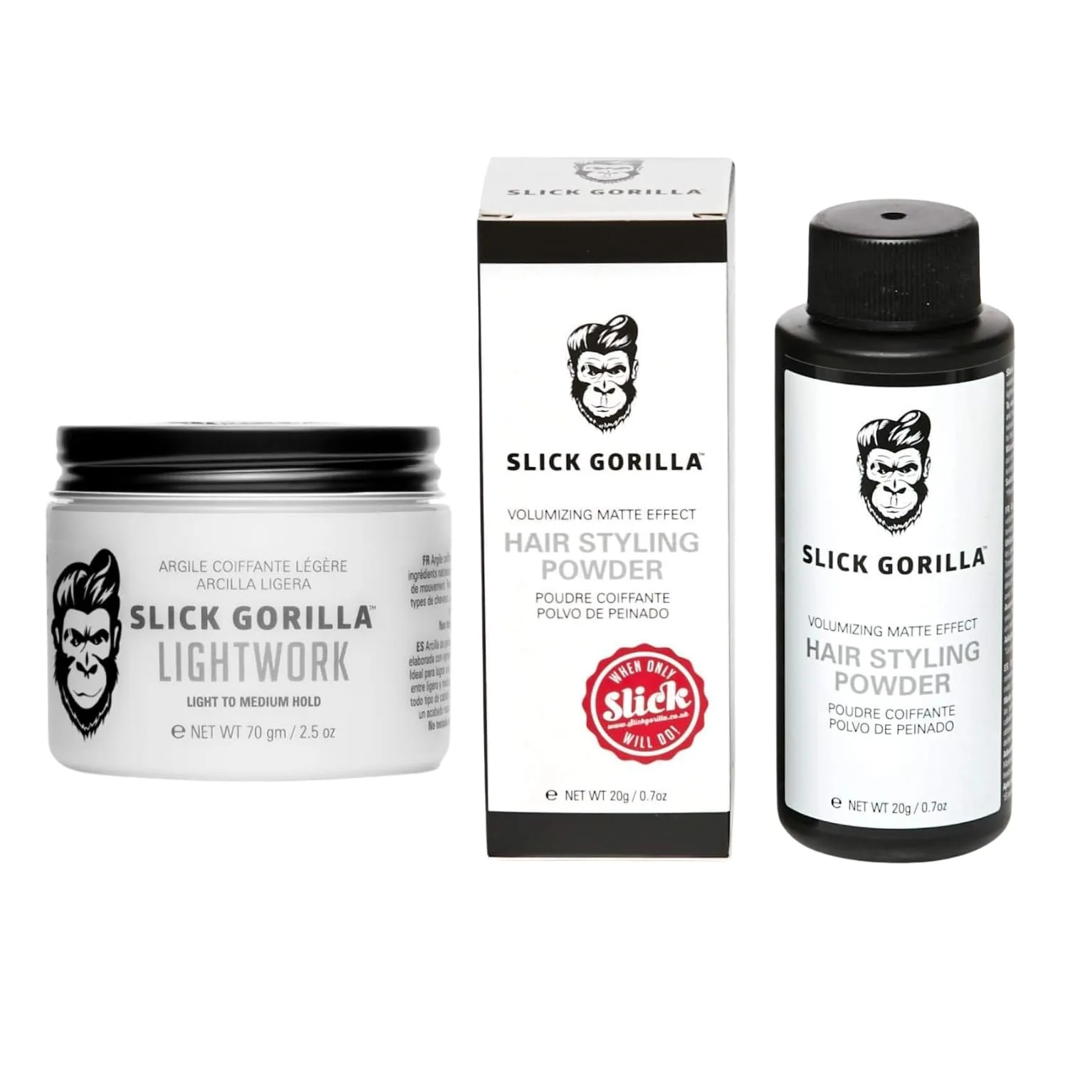 Дуэт для укладки Slick Gorilla Matte Styling Duo - глина для волос (70 г) и пудра для укладки (20 мл) Матовый финиш Гибкая фиксация Легкая текстура и объем Нежирный эффект Укладка на весь день