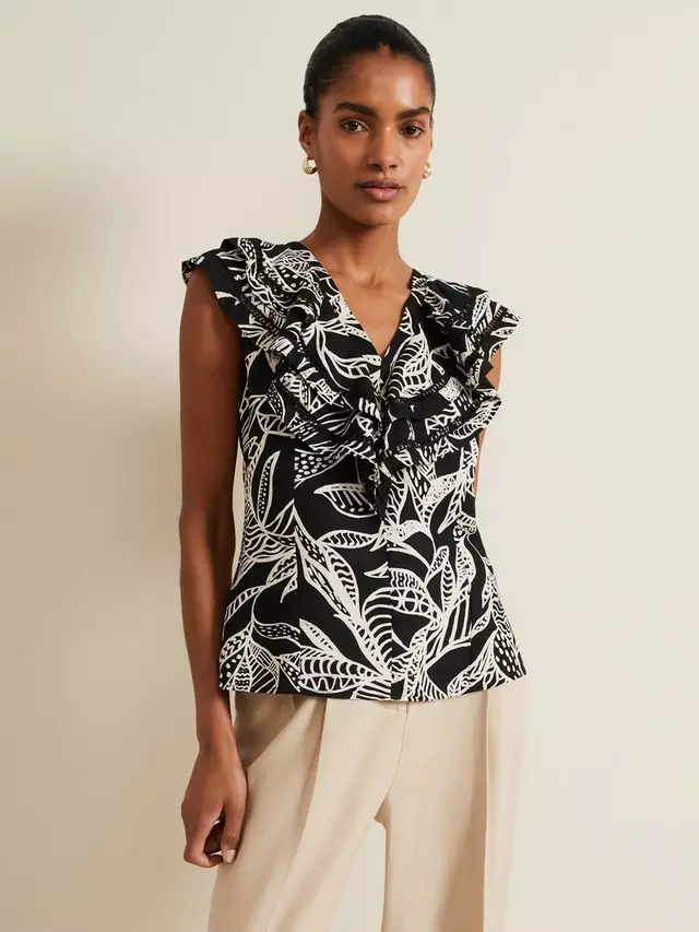 

Топ Phase Eight Rosey Linen Blend Floral Print Ruffle, черный