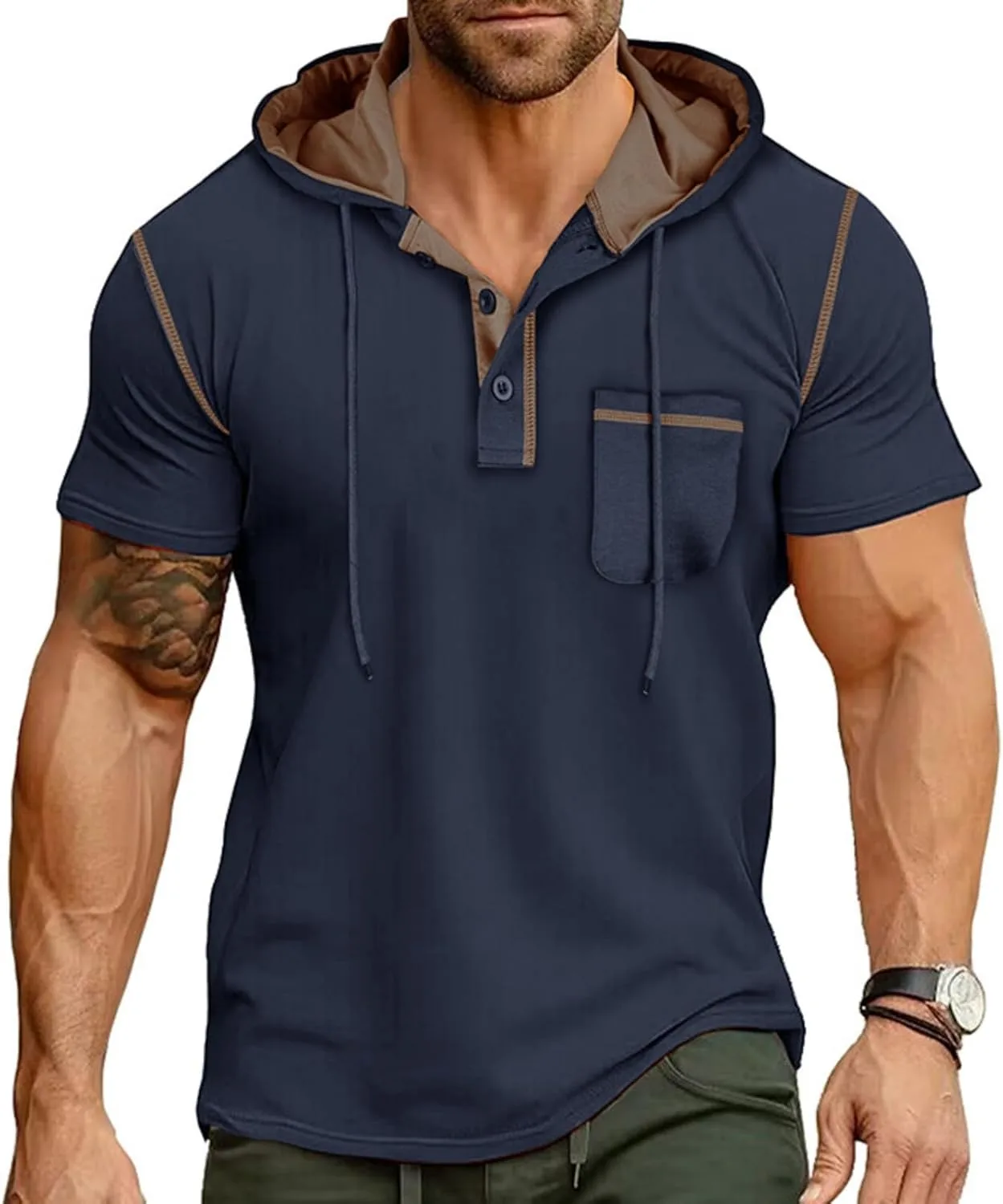 

Футболка мужская 2026 с коротким рукавом, V-образным вырезом и капюшоном, легкая, мягкая и дышащая