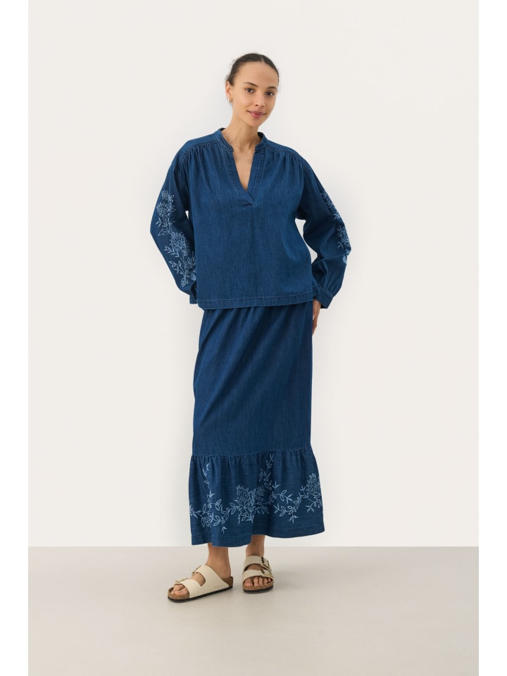 

Блузка TerkaPW с длинными рукавами, свободного кроя, из средне-синего денима с вышивкой PART TWO