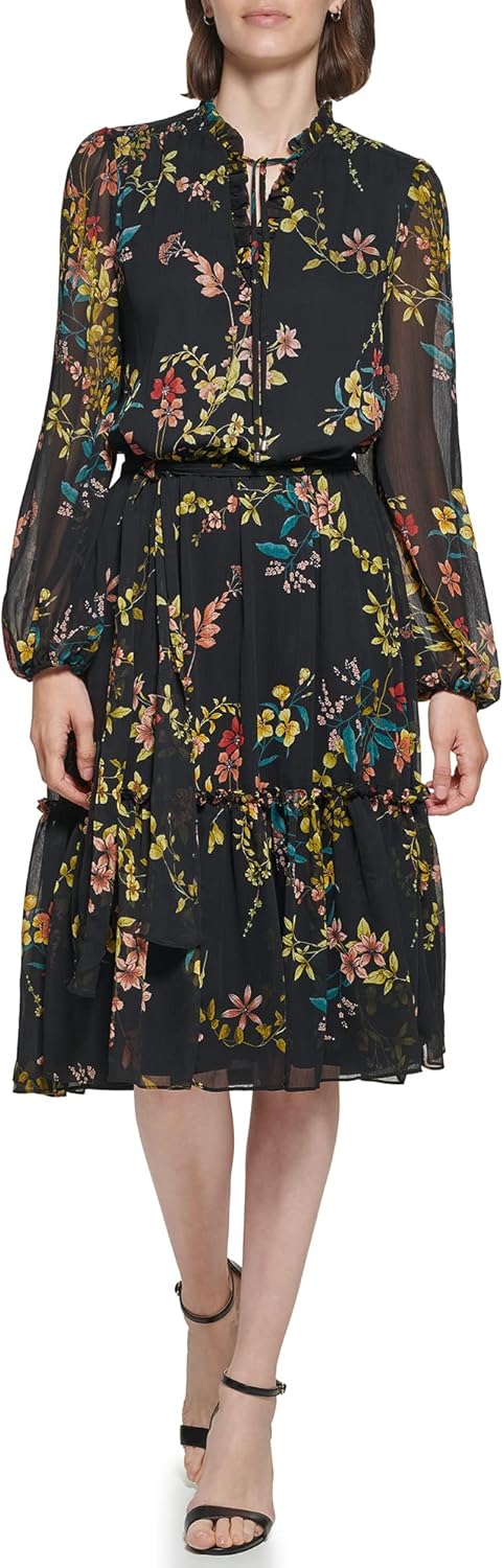 

Женское платье TOMMY HILFIGER Hi-Lo Midi с длинными рукавами и высоким воротом, Black Multi