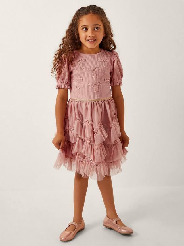 

Детское платье с бантом и пышными рукавами Monsoon, Pink