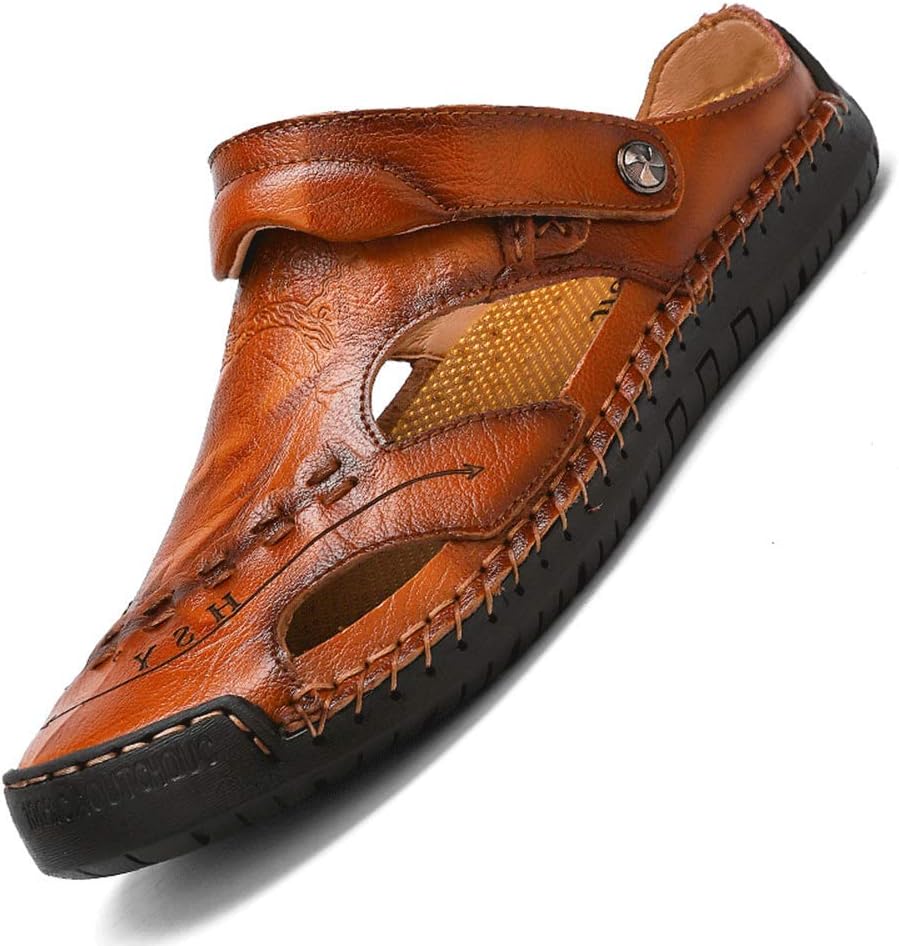 

Мужские кожаные сандалии JEBU с закрытым носком для повседневной прогулки на улице, ручной работы, регулируемые, летние пляжные, светло-коричневый