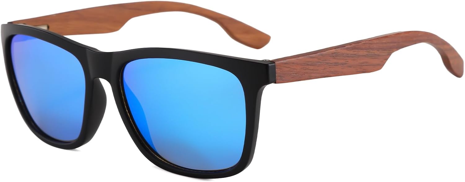 

Солнцезащитные очки Long Keeper из орехового дерева для женщин и мужчин, классические ретро-солнцезащитные очки квадратной формы из дерева для вождения, защита от УФ-излучения UV400, Black Blue